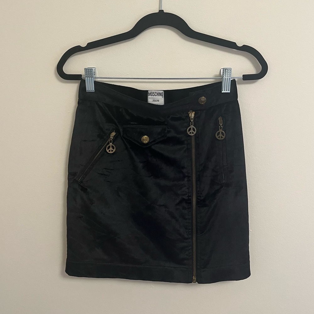 Moschino Jeans 90s Vintage Velvet Mini-Skirt with Peace Sign Accents